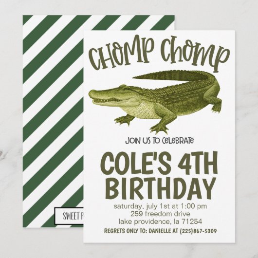Invitation à une fête d'anniversaire d'alligator (Devant / Derrière)