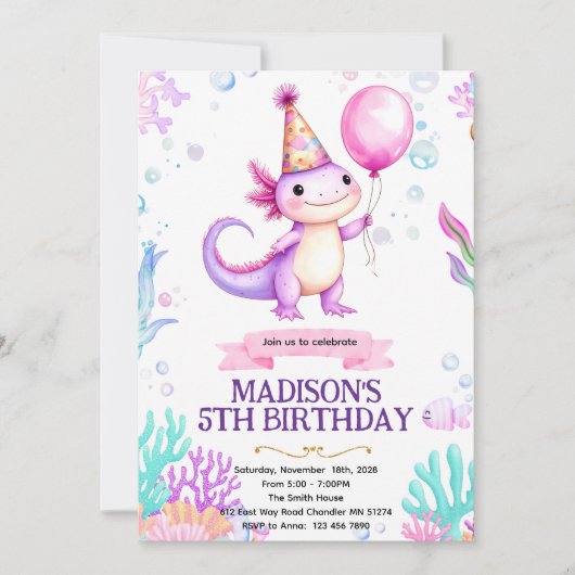 Invitation à une fête d'anniversaire d'Axolotl (Devant)