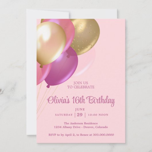 Invitation à une fête d'anniversaire de 16 ans (Devant)