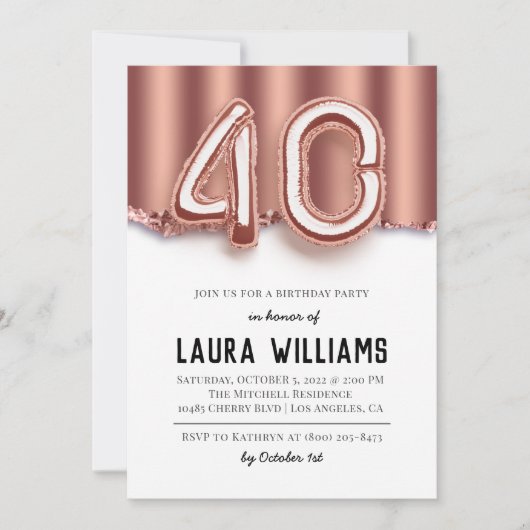 Invitation à une fête d'anniversaire de 40 ans (Devant)