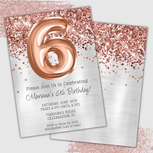 Invitation à une fête d'anniversaire de 6 ans Rose