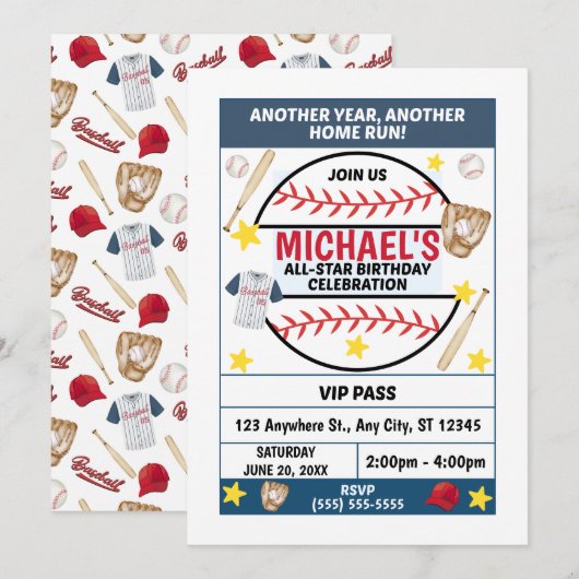 Invitation à une fête d'anniversaire de baseball (Devant / Derrière)