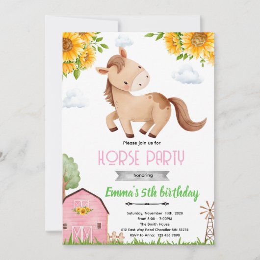 Invitation à une fête d'anniversaire de cheval tou (Devant)