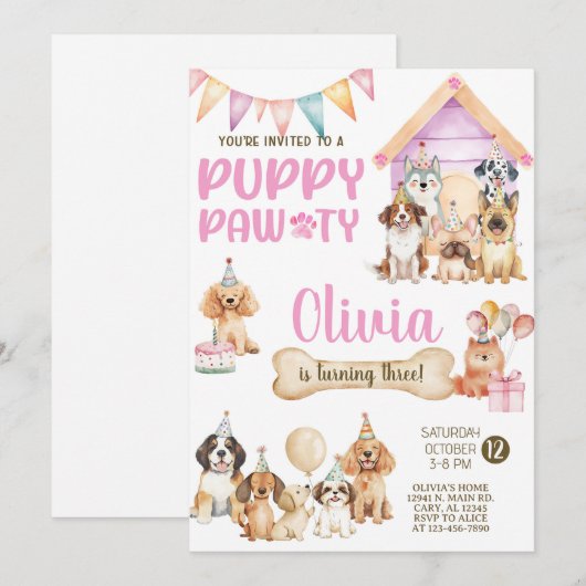 Invitation à une fête d'anniversaire de chiot fill (Devant / Derrière)