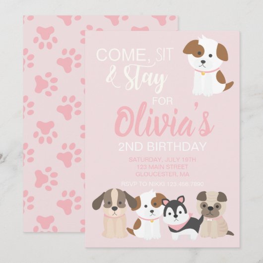 Invitation à une fête d'anniversaire de chiot rose (Devant / Derrière)