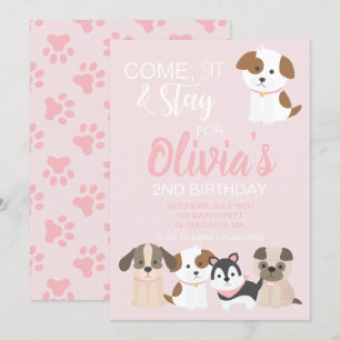 Invitation à une fête d'anniversaire de chiot rose