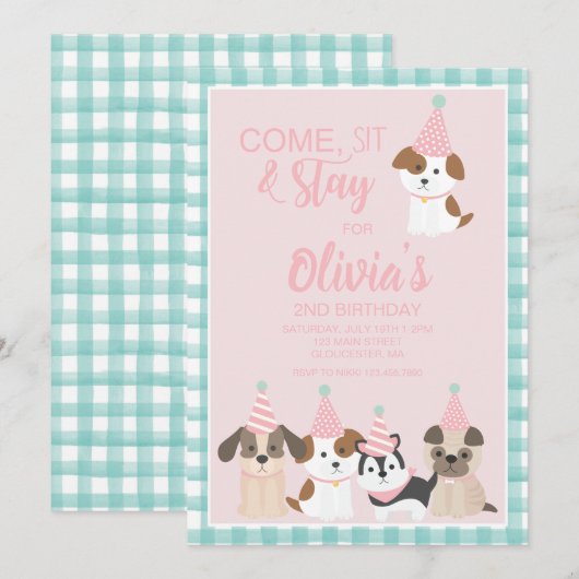 Invitation à une fête d'anniversaire de chiot rose (Devant / Derrière)