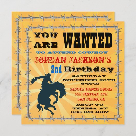 Invitation à une fête d'anniversaire de cowboy Buc (Devant / Derrière)