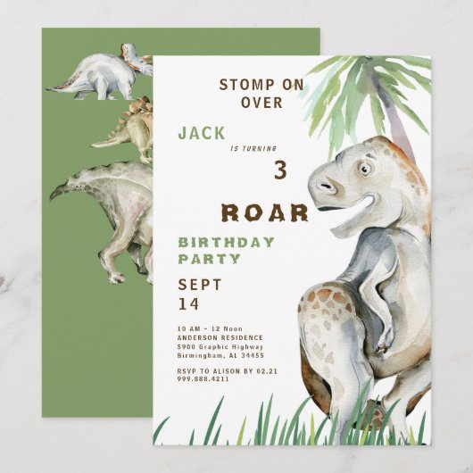 Invitation à une fête d'anniversaire de dinosaure (Devant / Derrière)