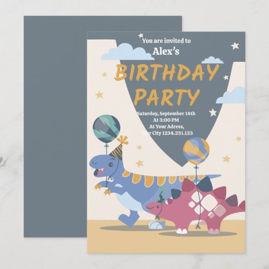 Invitation à une fête d'anniversaire de dinosaure  (Devant / Derrière)