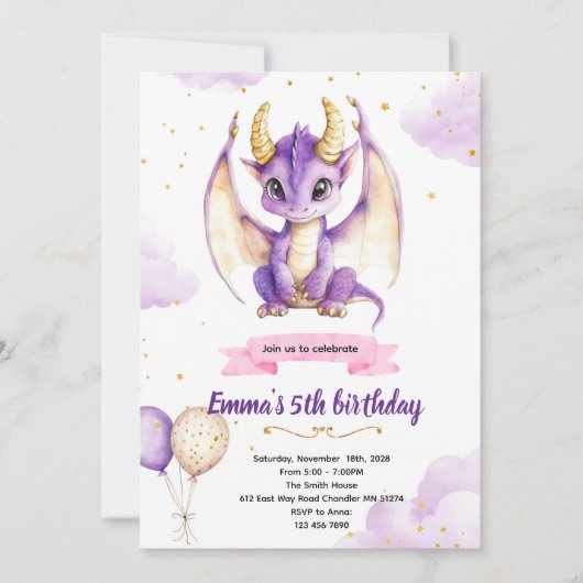 Invitation à une fête d'anniversaire de dragon vio (Devant)