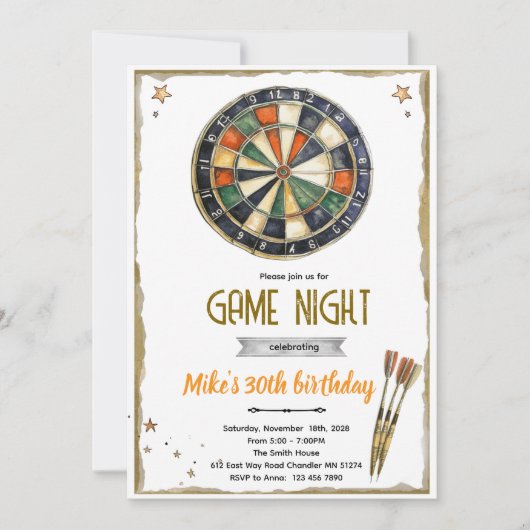 Invitation à une fête d'anniversaire de fléchettes (Devant)