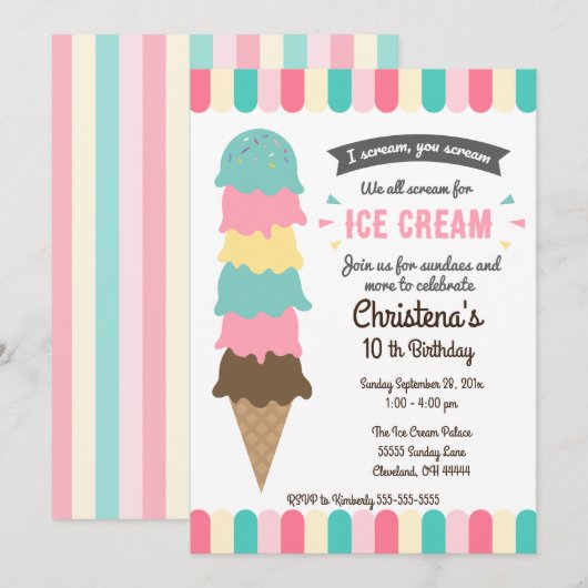 Invitation à une fête d'anniversaire de glace à cr (Devant / Derrière)