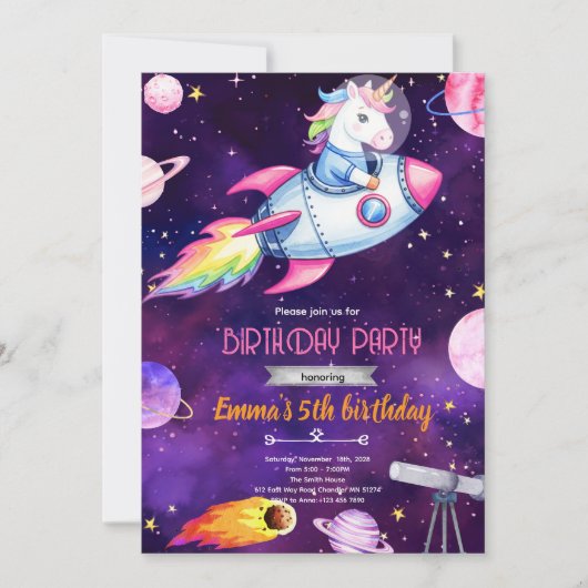Invitation à une fête d'anniversaire de licorne de (Devant)