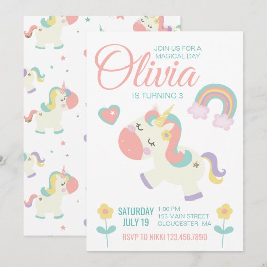 Invitation à une fête d'anniversaire de licorne ma (Devant / Derrière)