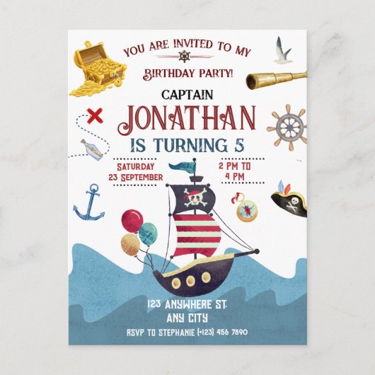 Invitation à une fête d'anniversaire de pirate pou (Devant)
