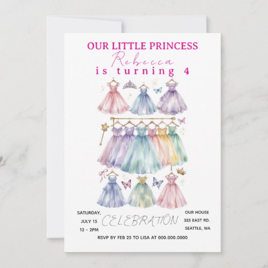 Invitation à une fête d'anniversaire de princesse (Devant)