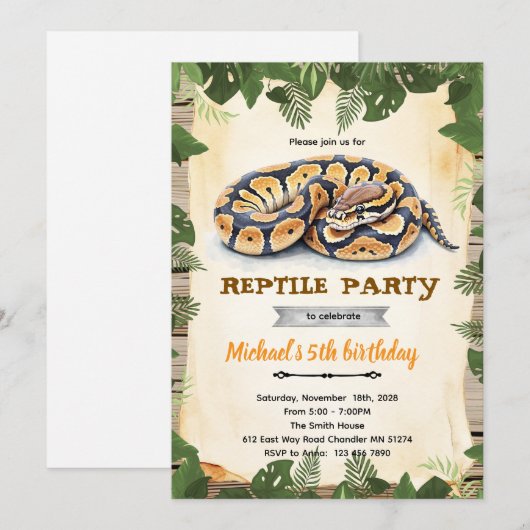 Invitation à une fête d'anniversaire de reptile py (Devant / Derrière)