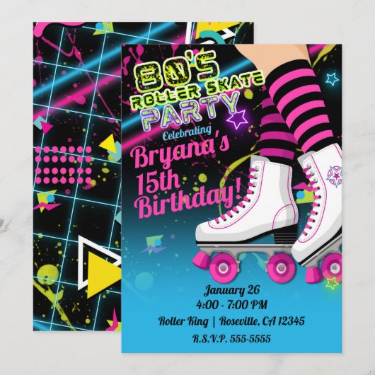 Invitation à une fête d'anniversaire de roller rét (Devant / Derrière)