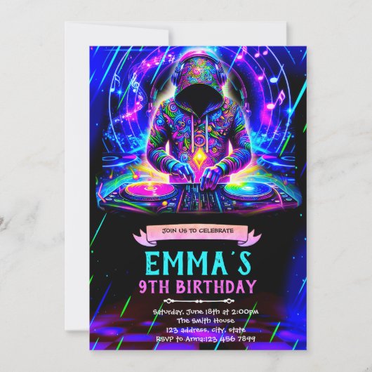 Invitation à une fête d'anniversaire DJ néon (Devant)