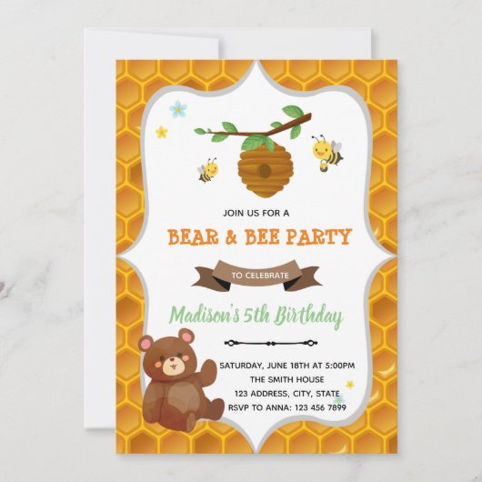 Invitation à une fête d'anniversaire d'ours et d'a (Devant)