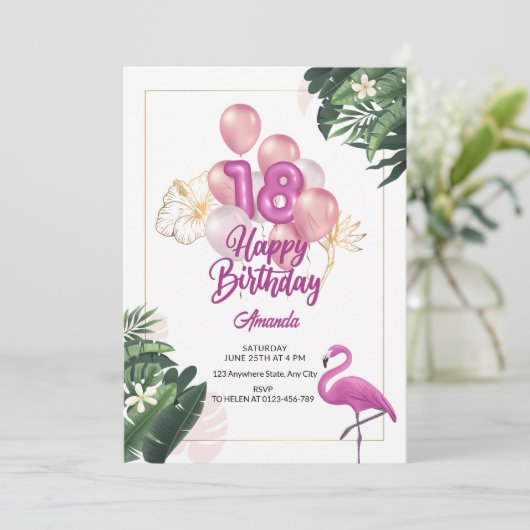 Invitation à une fête d'anniversaire Flamant Rose, (Debout devant)