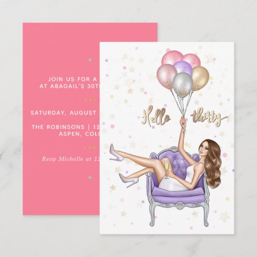 Invitation à une fête d'anniversaire girly de 30 a (Devant / Derrière)
