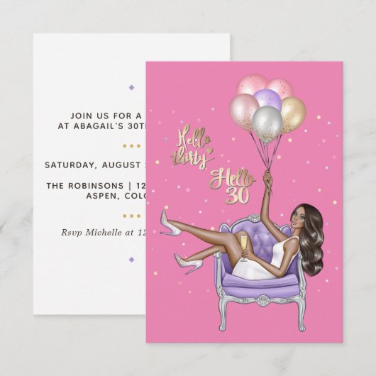 Invitation à une fête d'anniversaire girly de 30 a (Devant / Derrière)