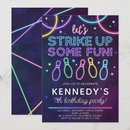 Invitation à une fête d'anniversaire Glow Bowling  (Devant / Derrière)