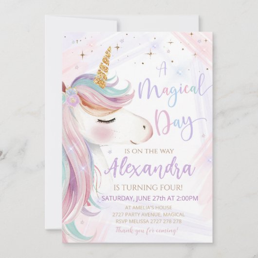Invitation à une fête d'anniversaire Licorne (Devant)
