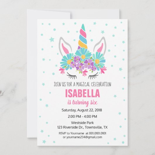 Invitation à une fête d'anniversaire licorne (Devant)
