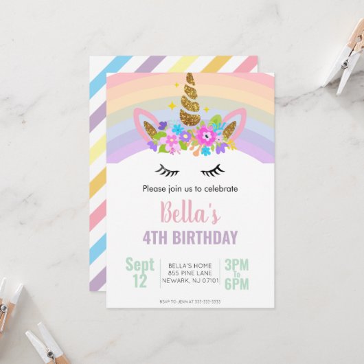 Invitation à une fête d'anniversaire Licorne et Ar (Devant/Arrière en situation)