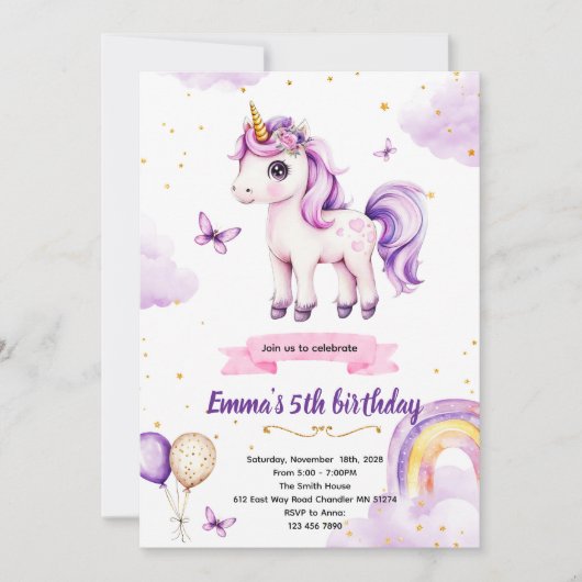 Invitation à une fête d'anniversaire licorne viole (Devant)