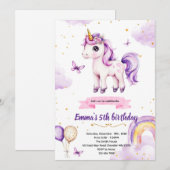 Invitation à une fête d'anniversaire licorne viole (Devant / Derrière)