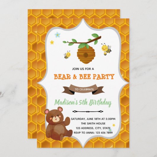 Invitation à une fête d'anniversaire ours et abeil (Devant / Derrière)
