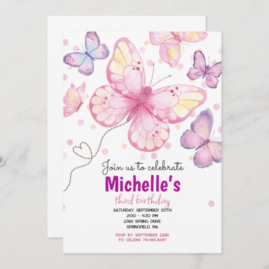 Invitation à une fête d'anniversaire papillon (Devant / Derrière)