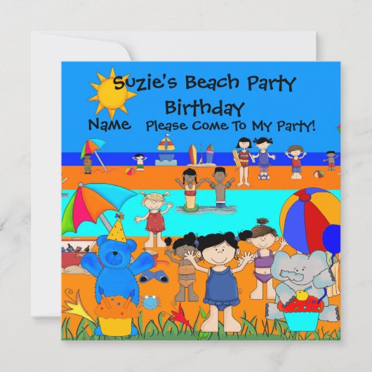 Invitation à une fête d'anniversaire plage filles (Devant)