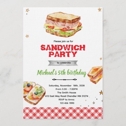 Invitation à une fête d'anniversaire sandwich (Devant)