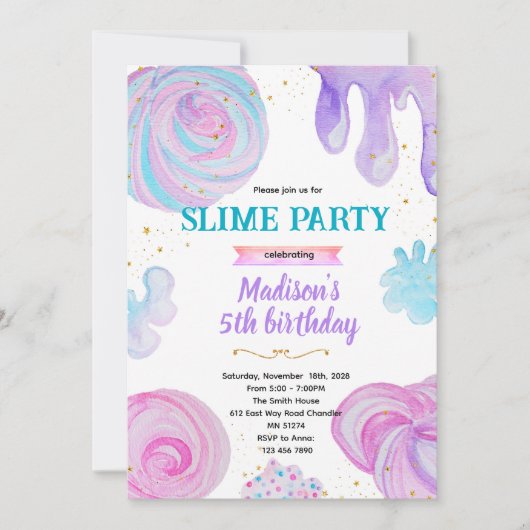 Invitation à une fête d'anniversaire slime (Devant)
