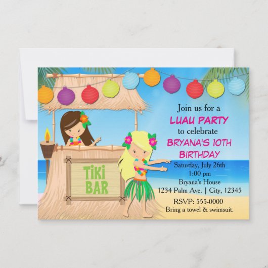 Invitation à une fête d'anniversaire tiki plage av (Devant)