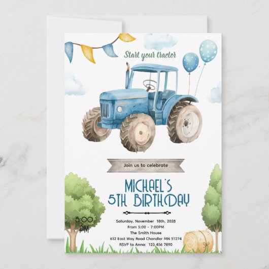 Invitation à une fête d'anniversaire tracteur bleu (Devant)