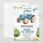 Invitation à une fête d'anniversaire tracteur bleu (Devant / Derrière)