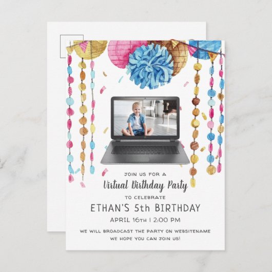 Invitation à une fête d'anniversaire virtuelle (Devant / Derrière)