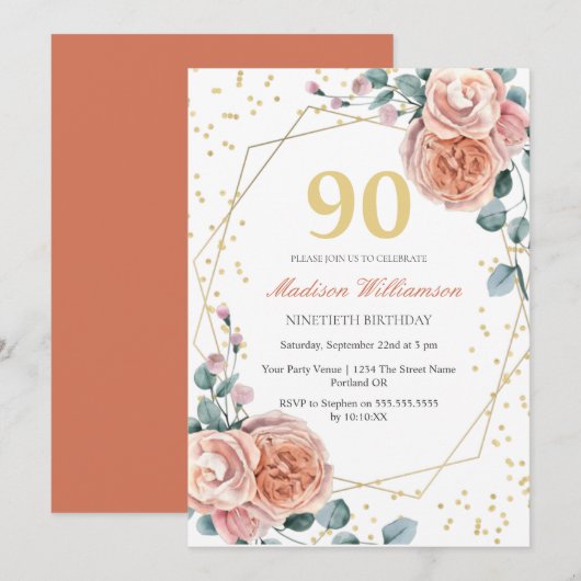 Invitation à une fête de 90 ans avec des fleurs de (Devant / Derrière)