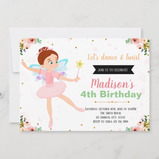 Invitation à une fête de ballerine fée (Devant)