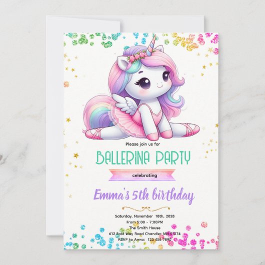 Invitation à une fête de ballerine licorne (Devant)