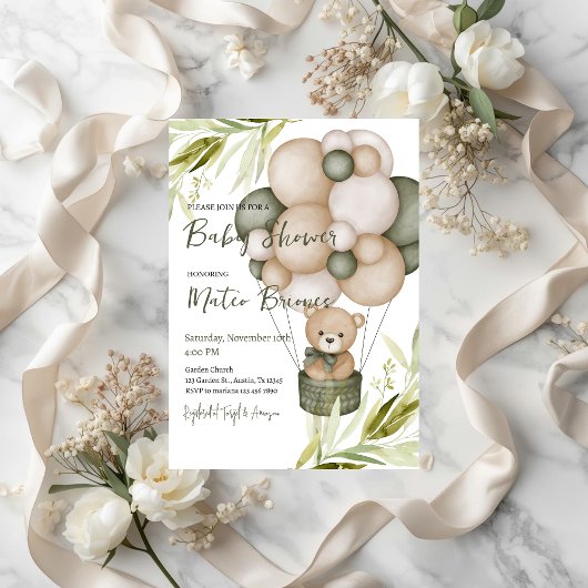 Invitation à une fête de bébé avec ours et ballons