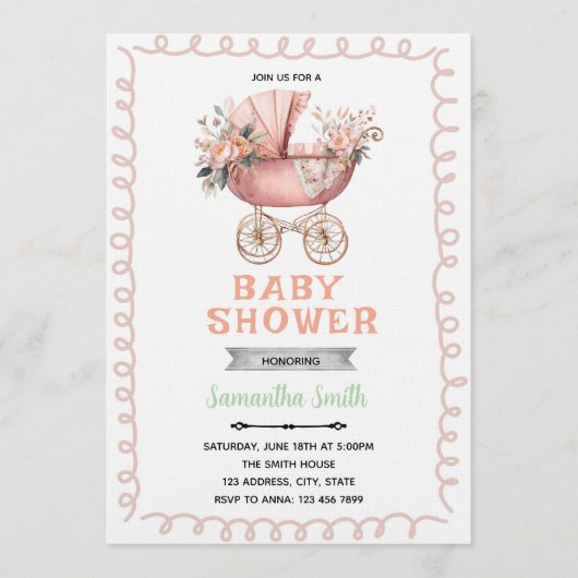Invitation à une fête de bébé avec un landau (Devant)