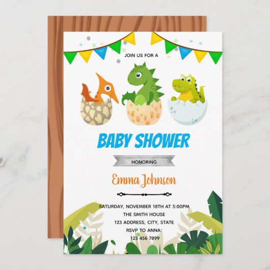 Invitation à une fête de bébé dinosaure (Devant / Derrière)