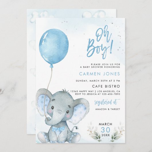 Invitation à une fête de bébé éléphant avec ballon (Devant / Derrière)